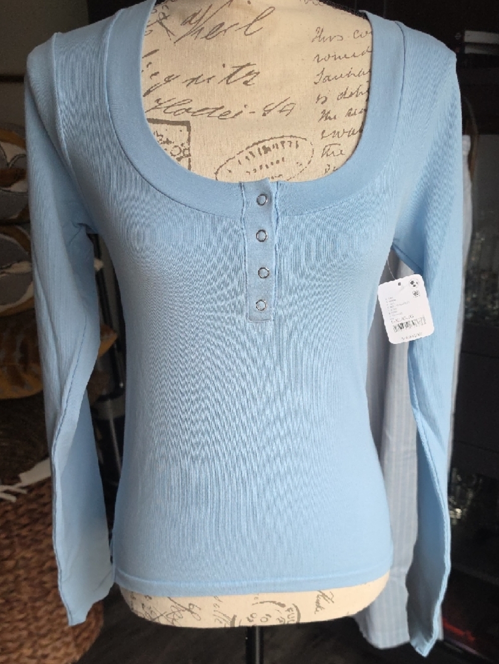 'Wide Awake' Layering - Light Blue Ribbed Long-Sleeve Henley Top - Picture 2 of 5